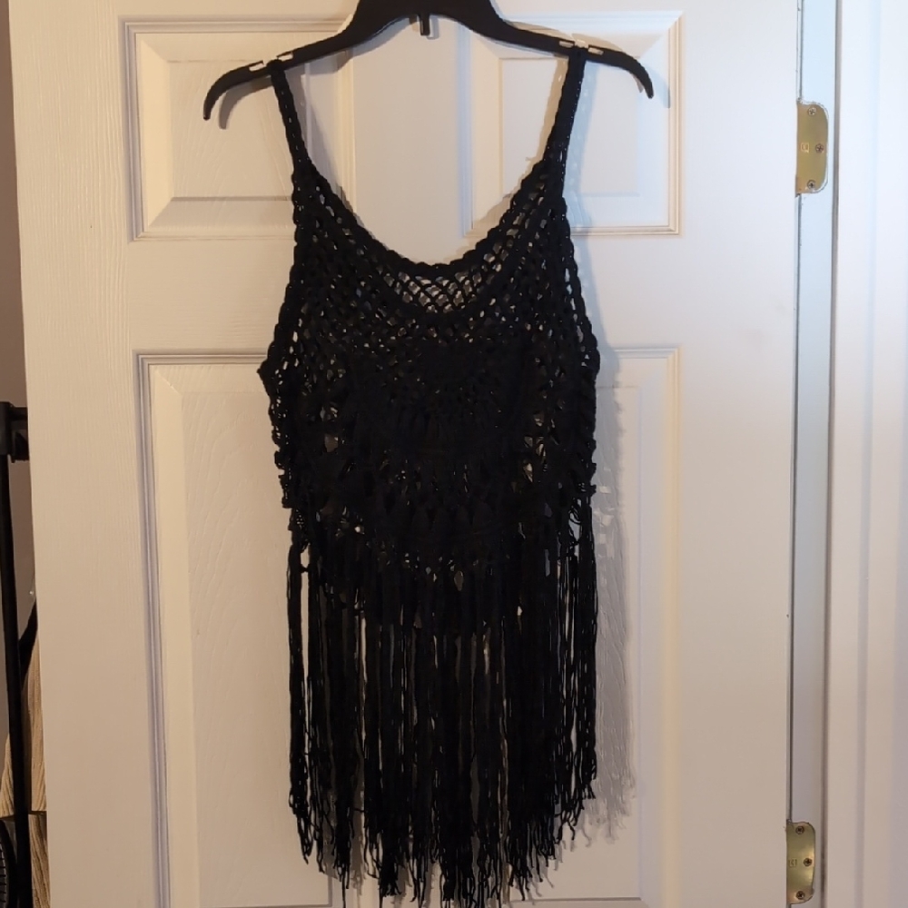Black Crochet Fringe Tank Top